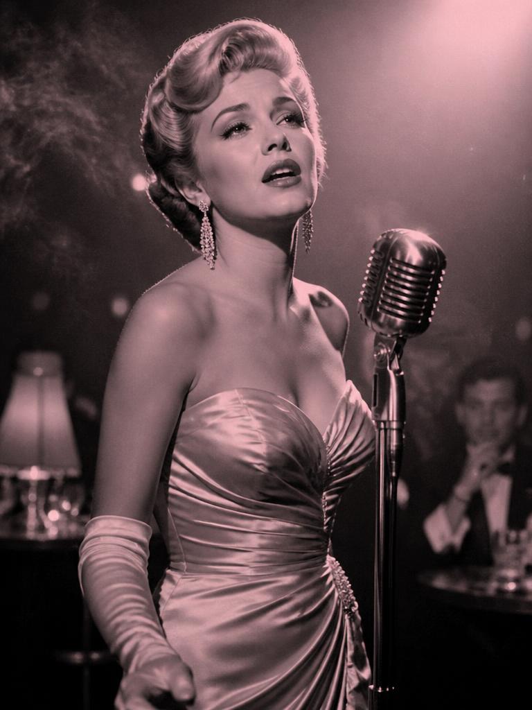1950s nightclub singer at a chrome microphone in a satin gown